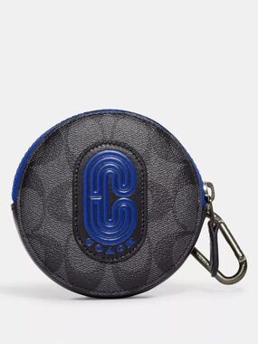 Coach Round Coin Case In Signature Canvas With C Patch